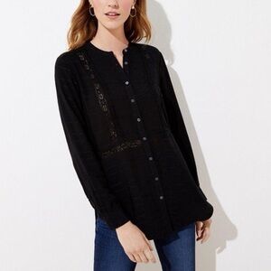 LOFT Stitch-Detail Textured Button-Up Long Sleeve Tunic Top-Black-Women Medium